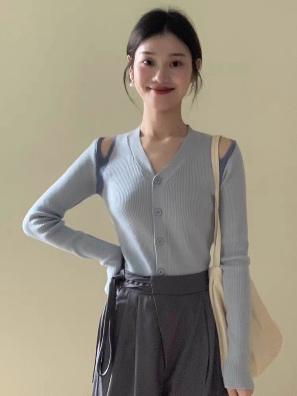 Blue Cutout Ribbed V-Neck Button Cardigan